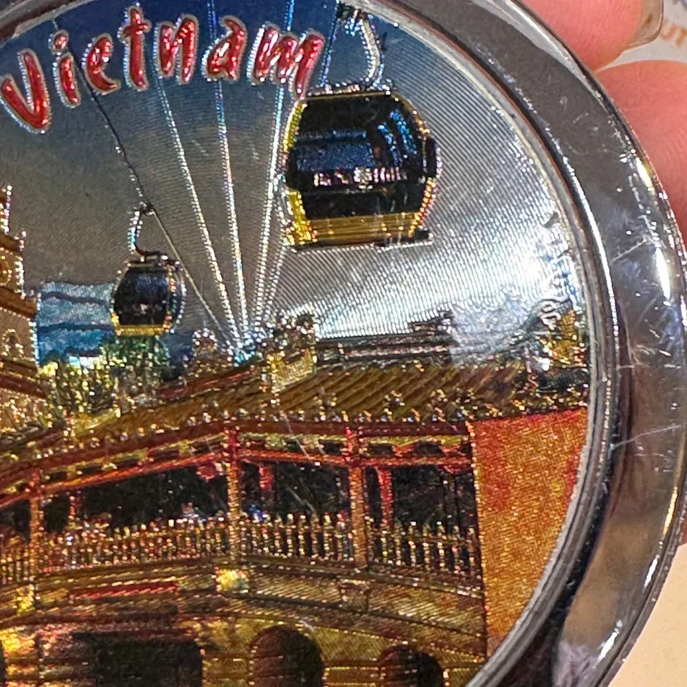 Vietnam Souvenir Compact Mirror Silver Tone Folding Dual Mirror 3D Relief Art